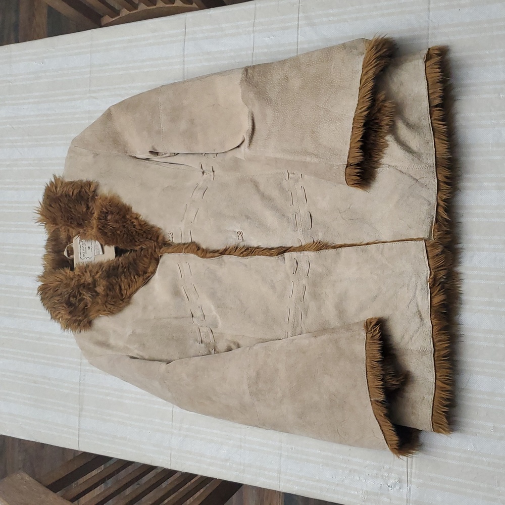 BKE Tan Leather Jacket with Brown Fur Trim